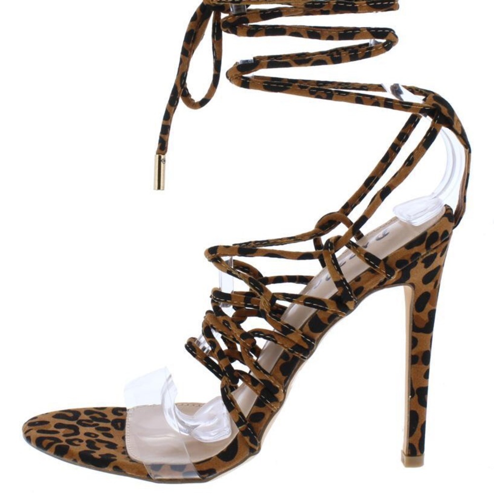 Leopard Lucite Open Toe Lace Up Ankle Wrap Heel